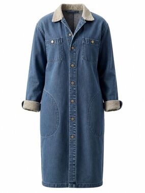 Vtg Geoffrey Hunter Denim Coat Dress 16 Shoulder Pads Corduroy Collar Cuffs